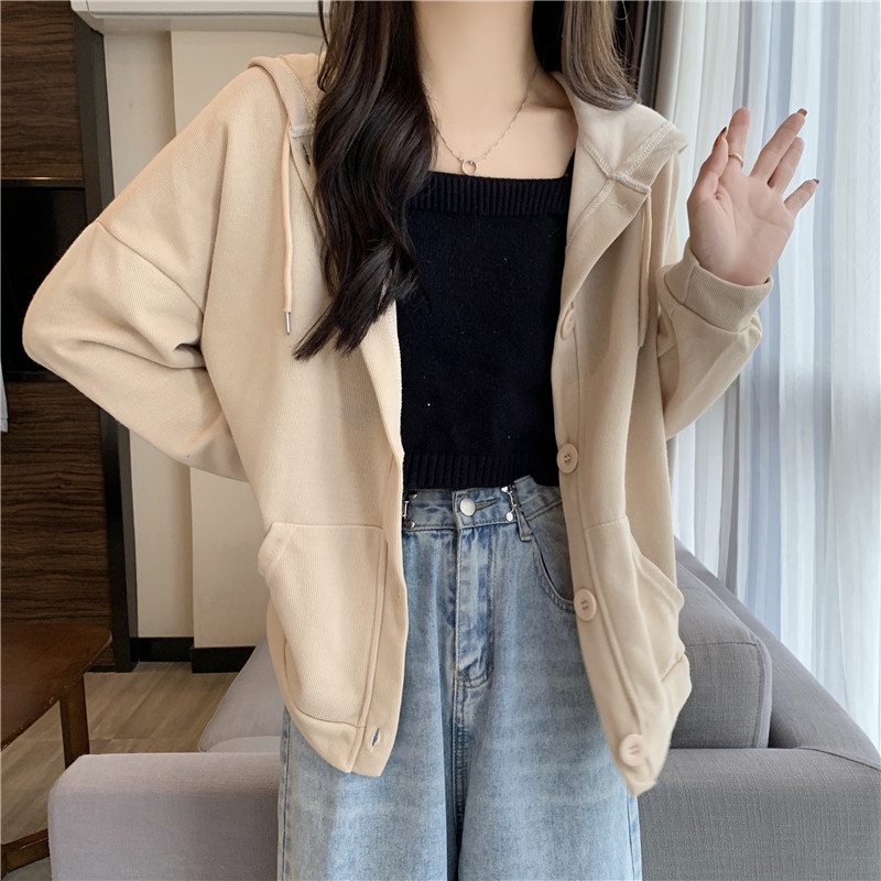 Áo khoác hoodie SUXI tay dài màu sắc đơn giản cho phái nữ