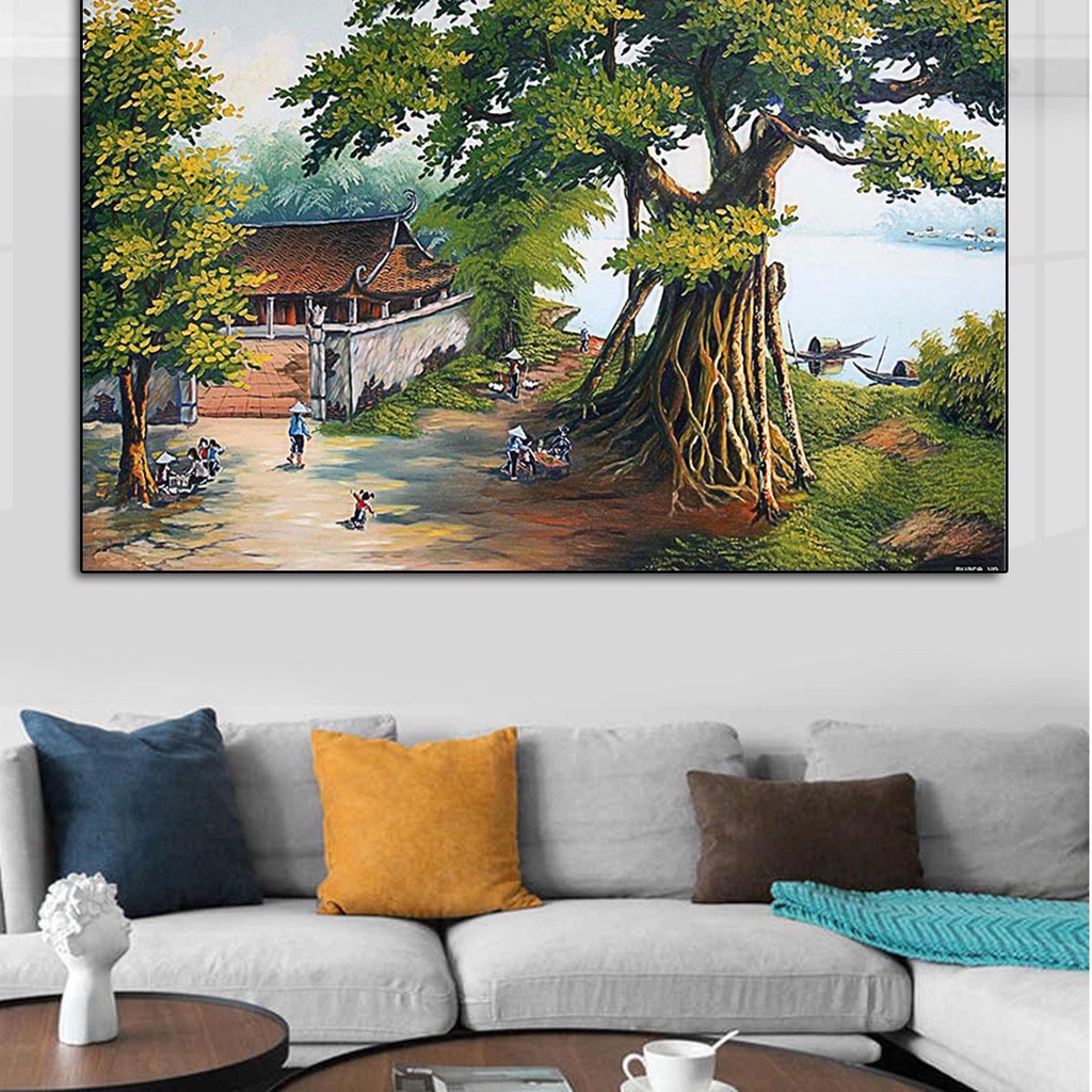 Tranh Treo Tường Đồng Quê Cây Đa Giếng Nước Sân Đình/ Tranh Treo Tường Phòng Khách Trang Trí Nhà Cửa/ Tranh Tráng Gương