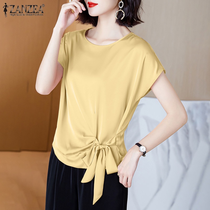 Áo kiểu ZANZEA vải satin tay ngắn cổ tròn ôm eo thời trang cho nữ