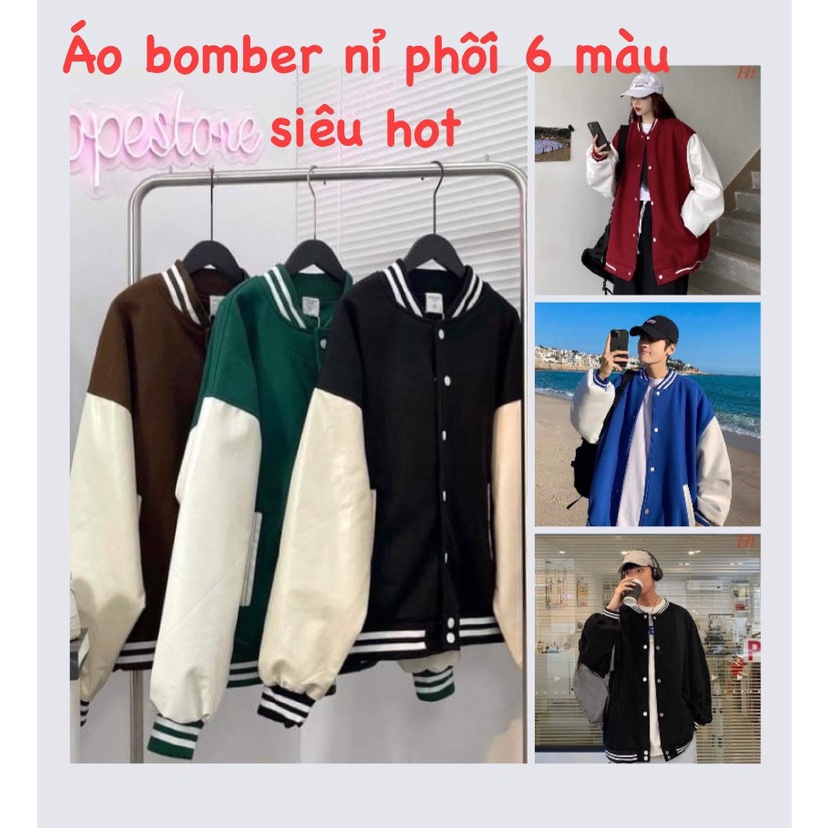 Áo khoác bomber nỉ phố form rộng nam nữ đầu auto. 6 màu đỏ, xanh rêu, xanh dương, nâu, đen, trắng