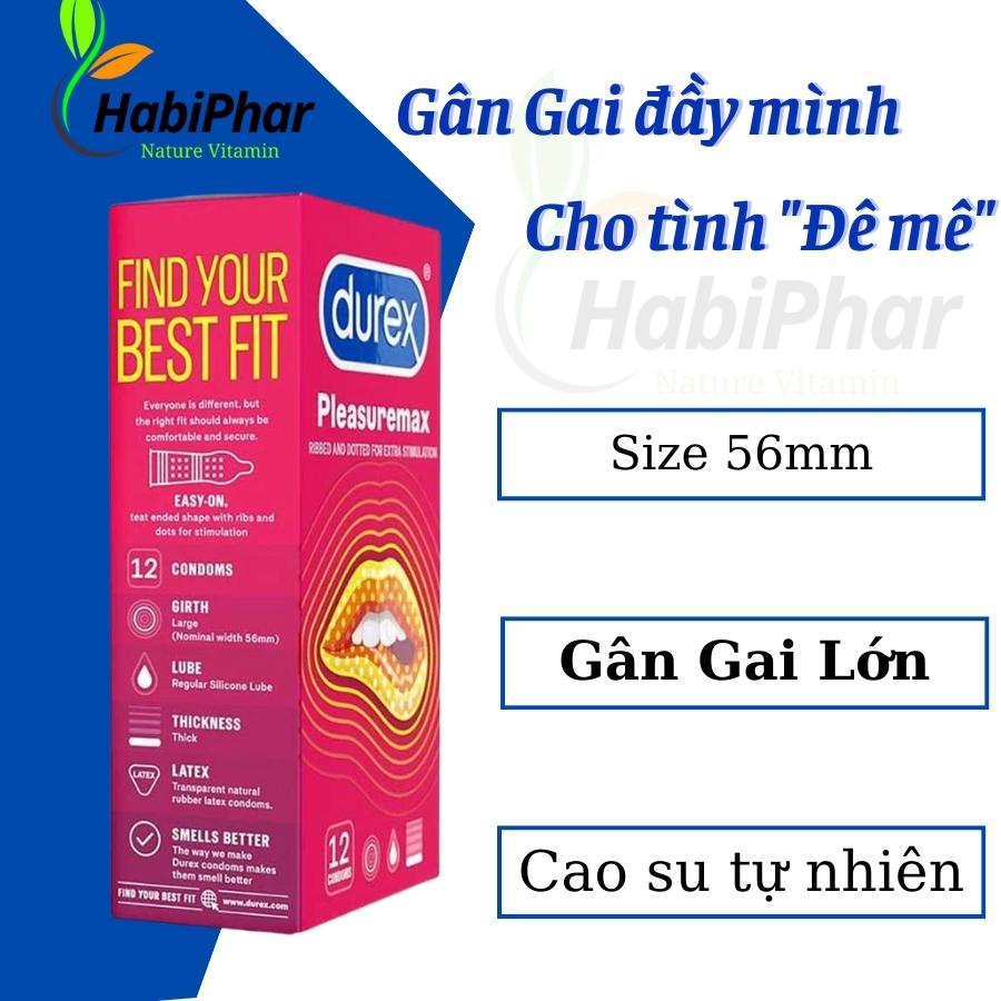 Bao cao su gân gai Durex Pleasuremax hộp 12c, Bcs gai li ti tăng khoái cảm kéo dài thời gian - Habiphar