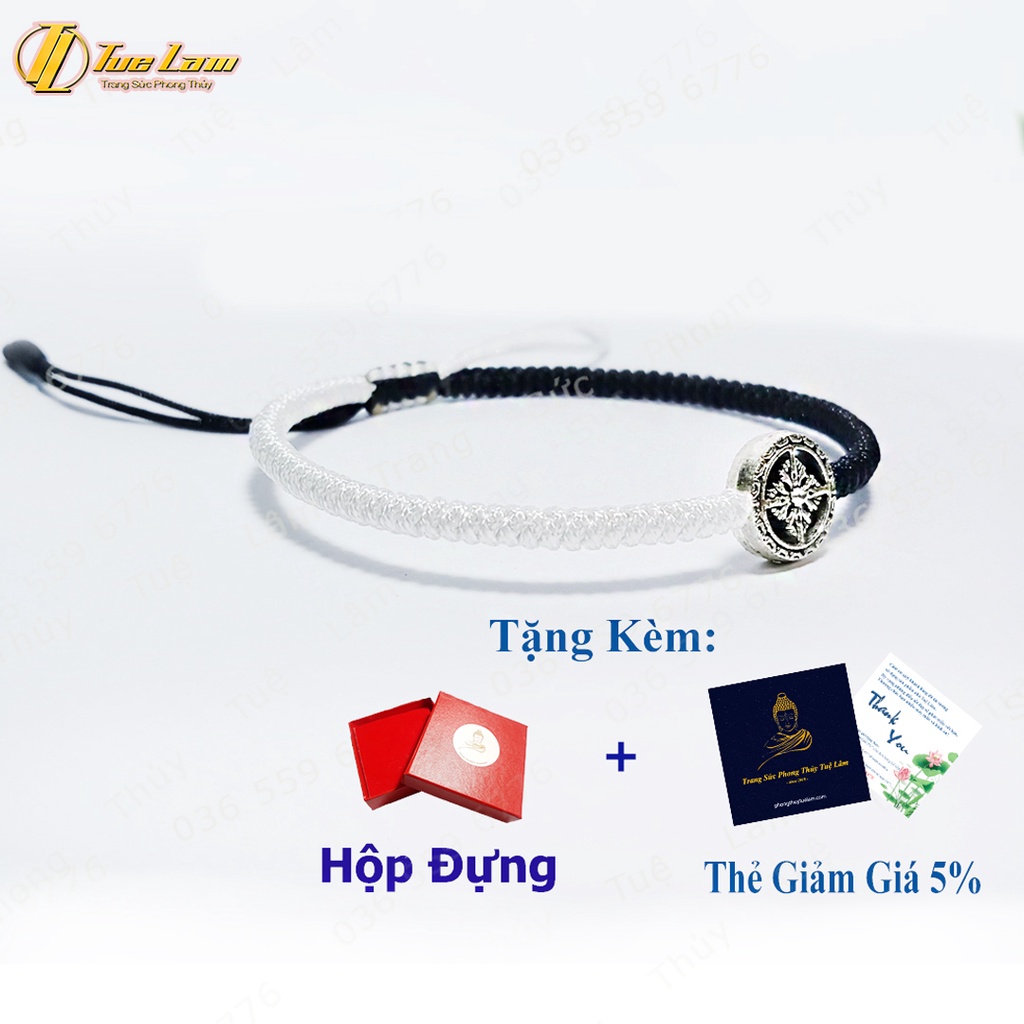 Vòng tay may mắn bánh xe pháp luân bện dây chỉ đen và trắng kiểu Tibets đối xứng - Tuệ Lâm