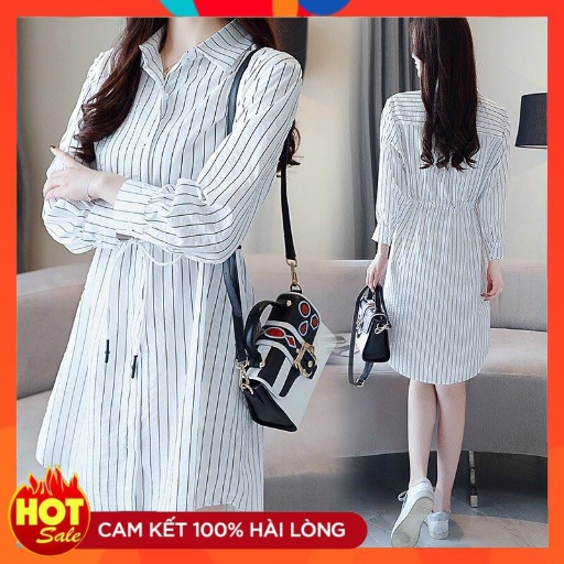 Đầm sọc xòe cổ sơ mi eo rút cổ sơ mi, tay dài size mlxl