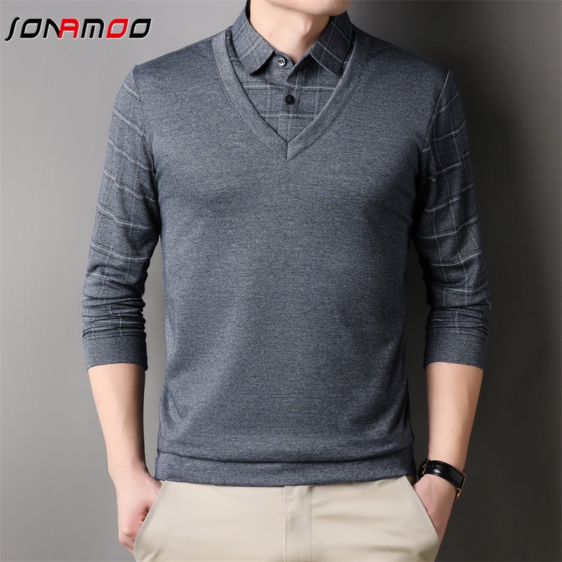 Áo Thun Nam Dài Tay Cổ Bẻ Giả Hai Lớp Màu Sắc Thời Trang