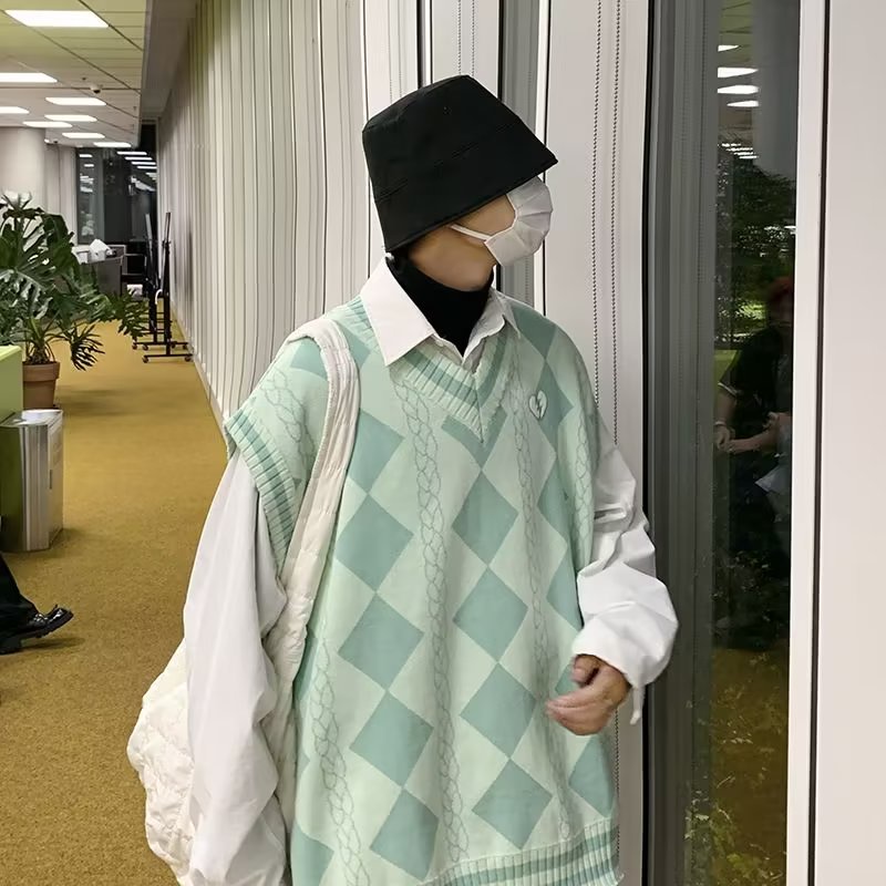 Áo Sweater Không Tay Họa Tiết Kim Cương Phong Cách Đường Phố Mùa Thu 2022 Mới Cho Nam