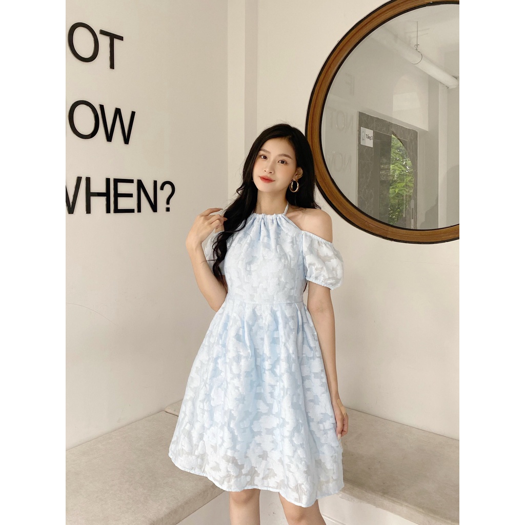 YU CHERRY | Đầm cổ yếm nữ thêu họa tiết đám mây, tay phồng, Momo Yem Dress YD159