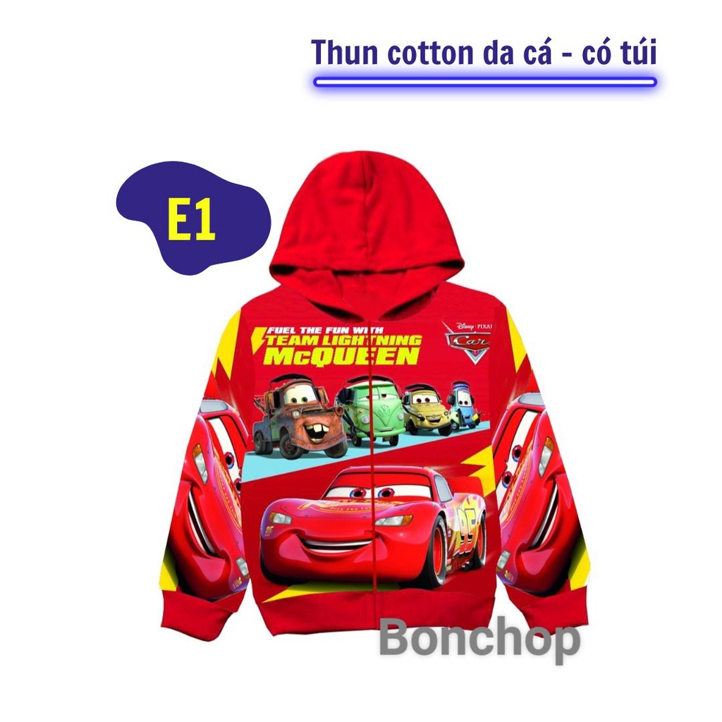 Áo khoác bé trai hình xe Mc Queen từ 9-40kg. Chất thun mát, hình in sắc nét -Tomchuakids