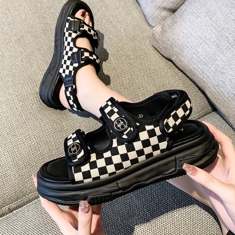 Dép sandal nữ 2 Đồng Xu Quai Dán CARO 2 màu Cao Cấp