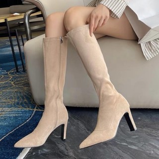 (MỄ Bối_ORDER) Bốt đùi da lộn gót 8cm/ Bốt cao cổ nữ