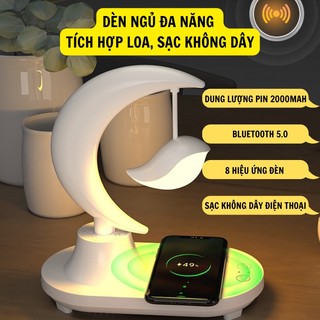 Đèn ngủ đa năng tích hợp loa Bluetooth, sạc không dây cho điện thoại, dung lượng pin 2000mAh, 8 hiệu ứng đèn