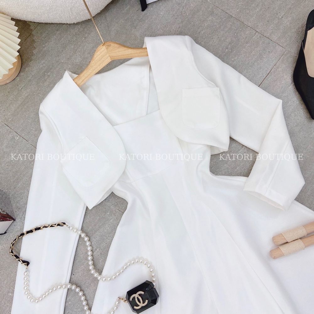 Set Đầm Trắng Xoè Kèm Khoác Crop