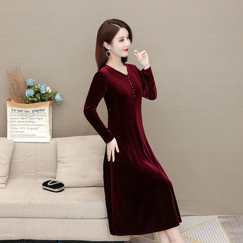 Va 'y Đầm Nhung Dáng Dài Qua Gối Phong Cách Phương Tây Thời Trang Mùa Thu 2021 Mới Mẻ Cho Phụ Nữ Trung Niên