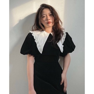 Đầm nhung đen phối cổ nhọn trắng (Freesize)