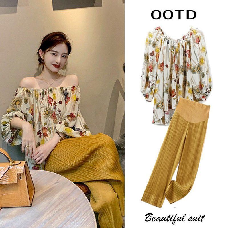 Hàng Mới Về Mới Set Áo Thun Ngắn Tay + Quần Dài Ống Rộng Thời Trang Cho Mẹ Bầu