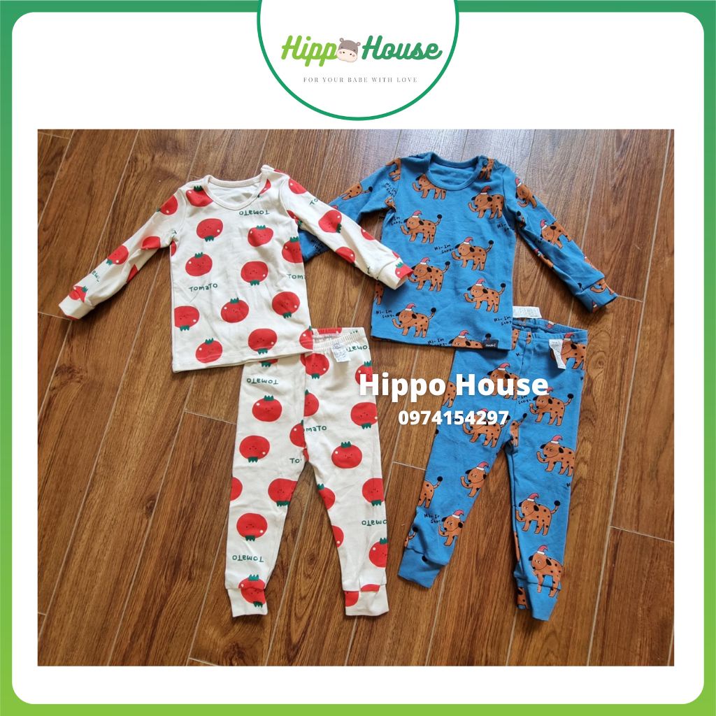 Bộ Dài Tay Thu Đông Cho Bé Gái Bé Trai Cotton Hàn Dày Ấm Áp Size 80 đến 130 Hippo House
