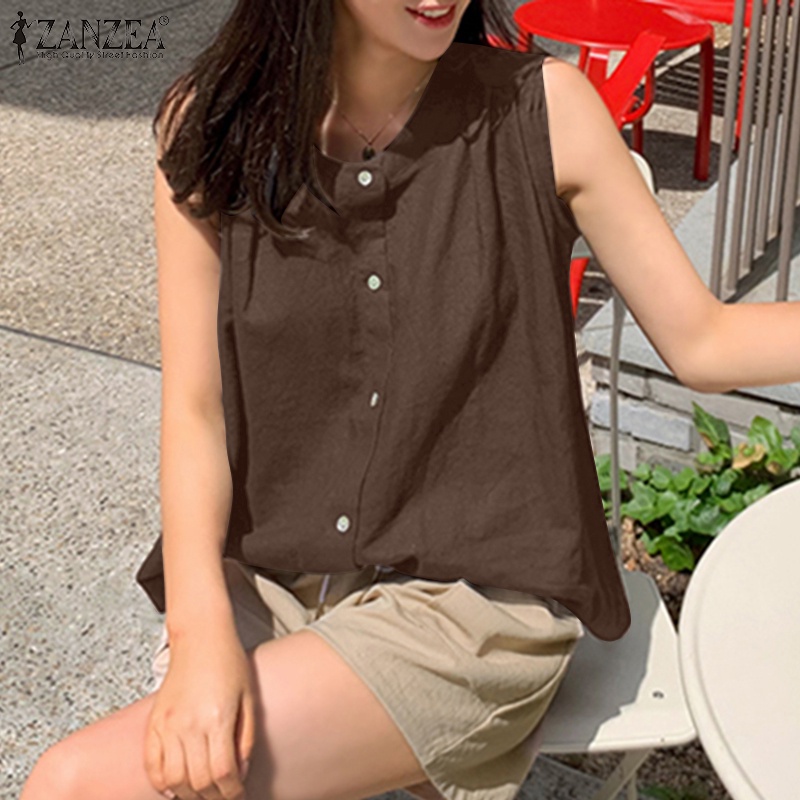 Áo kiểu ZANZEA cộc tay cổ tròn dáng suông cài nút phía trước cho nữ