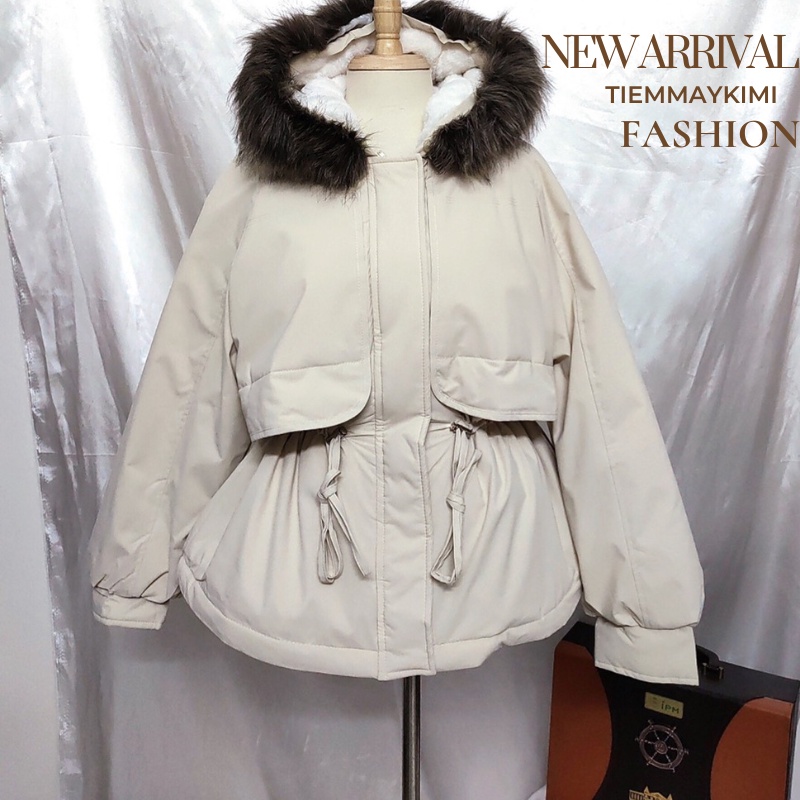 Aó khoác phao Parka lót lông cừu dáng ngắn mẫu mới dây rút