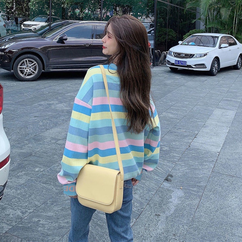 Áo Sweater Tay Dài Dáng Rộng Kẻ Sọc Cầu Vồng Thời Trang Mới 2022 Cho Nữ