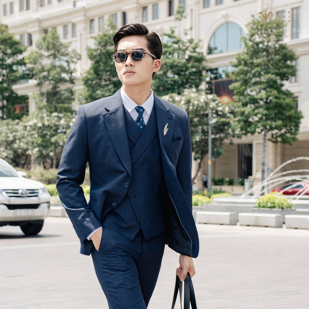 Bộ vest nam xanh gân phối gile, suits sartorial, chuẩn form The Suits House