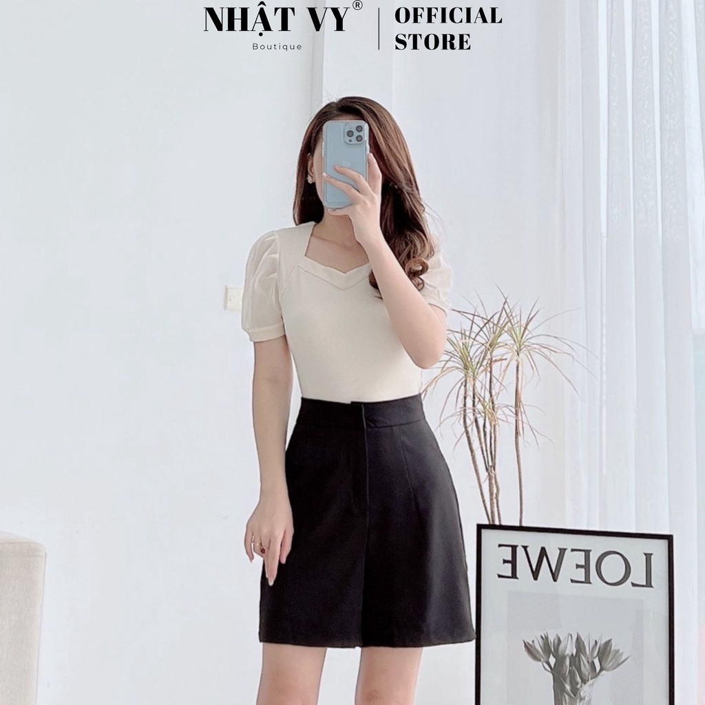 Áo công sở Nhật Vy cổ cách điệu chất thun sọc tăm phối tay tằm ánh kim phù hợp đi chơi, dạo phố, cafe - D2508