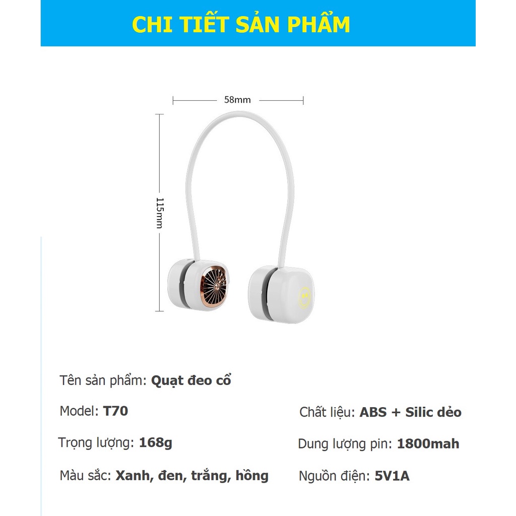 Quạt tích điện đeo cổ T70, quạt mini không dây sạc pin USB có 3 tốc độ gió, pin 1800mAh, 60 cánh quạt