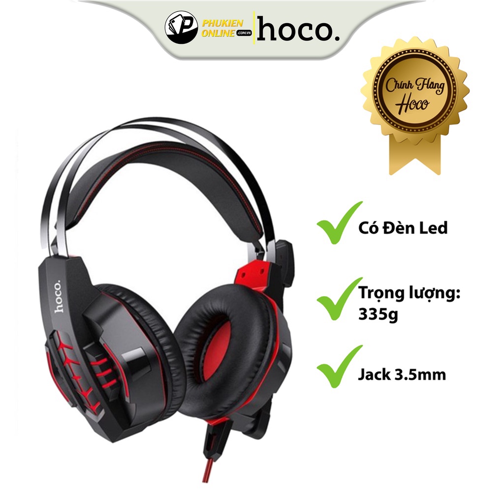 Tai Nghe Chụp Tai Hoco W102 Có Mic Đàm Thoại, Có Đèn LED, Mút Đệm Chống Ồn, Tích Hợp 2 Cổng Cắm 3.5mm+USB-A, Dây Dài 2