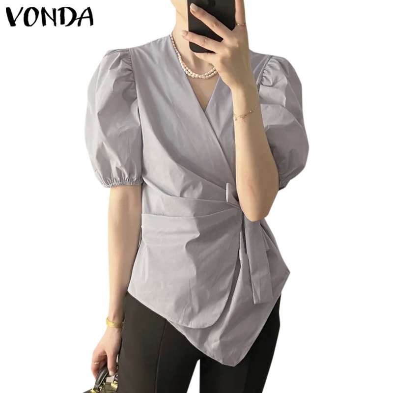 Áo VONDA kiểu tay phồng ngắn cổ chữ V màu trơn viền thắt lưng thời trang Hàn Quốc cho nữ