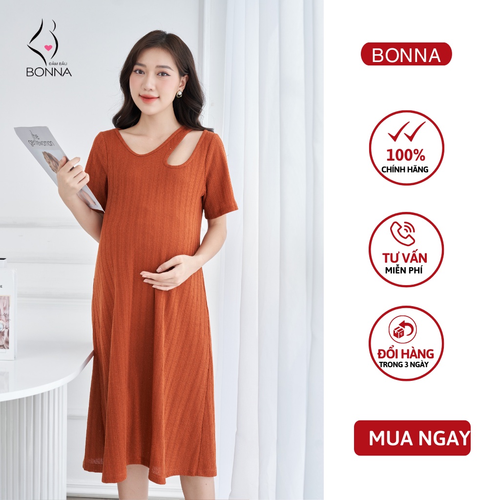 Váy bầu mùa đông BONNA chất len cao cấp dày dặn với thiết kế cổ khoét cách điệu tạo điểm nhấn, mặc mềm và ấm áp VS245