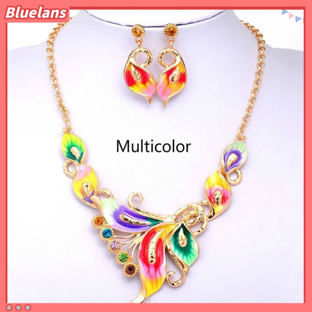 Bộ Vòng cổ + Bông Tai Đính Đá Hình Hoa Tráng Men 48h Cho Nữ