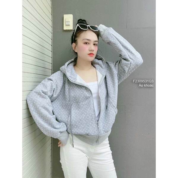 Áo khoác nỉ bi xám có nón kéo khóa đắp túi trước form rộng