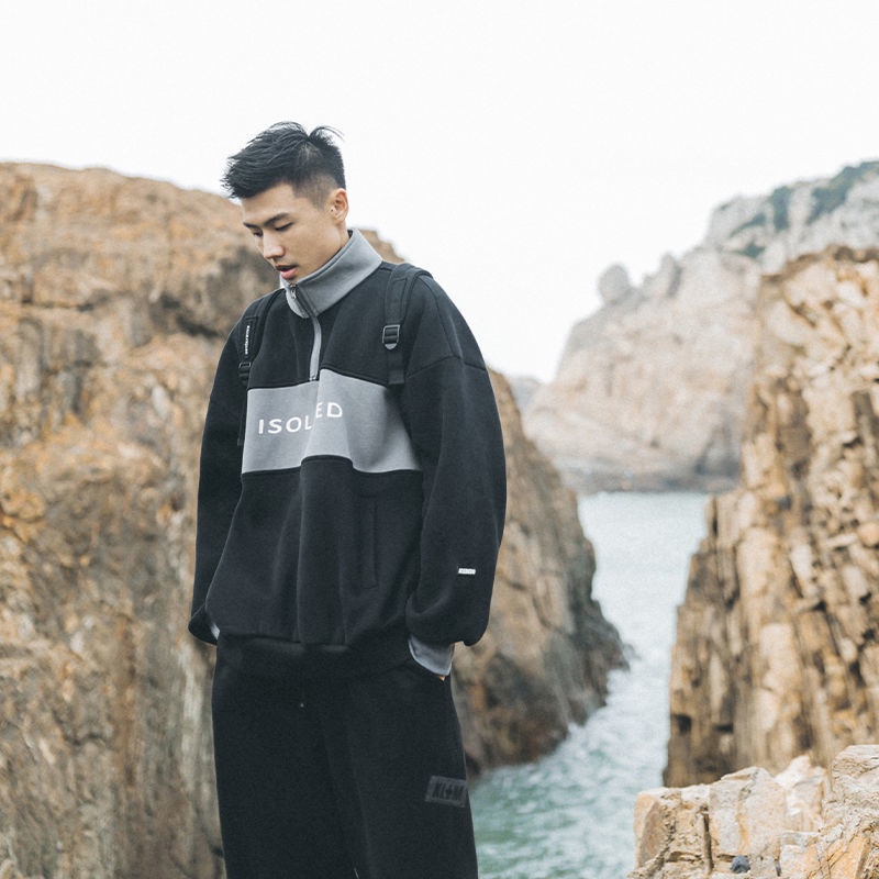 Áo Sweatshirt Nhung Dày Nửa Dây Kéo Cổ Đứng Phối Màu Tương Phản Phong Cách Đường Phố Nhật Bản Thời Trang Thu Đông