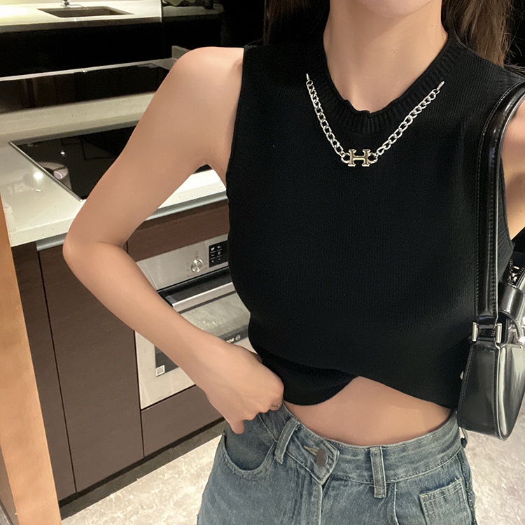 Áo dệt kim SUXI sát nách cổ tròn màu trơn phối dây xích dễ thương