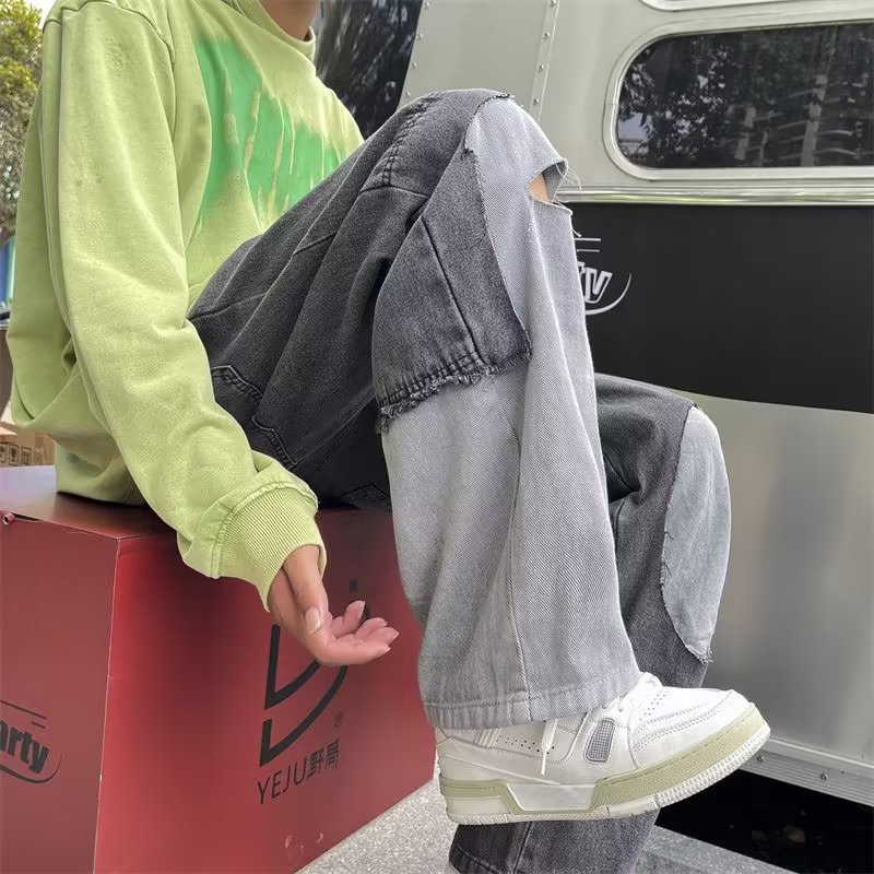 Quần Jean Dài Dáng Rộng Chống Mòn Phong Cách Hip Hop Đường Phố Nhật Bản Cỡ S-3XL Cho Nam