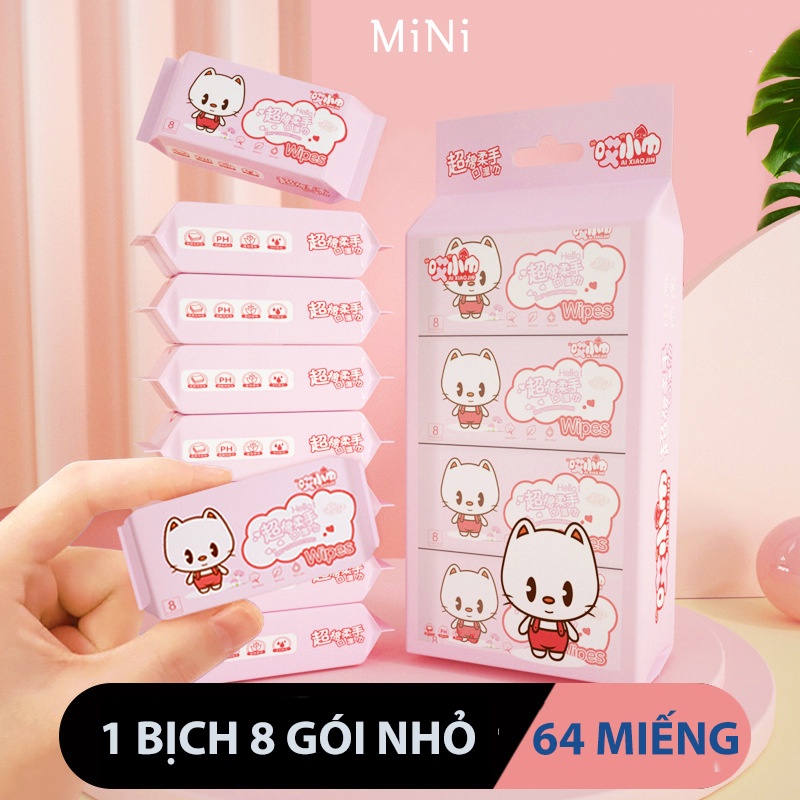 Quà tặng là móc treo siêu dính - Khăn giấy ướt mini không mùi 1 bịch 8 gói, nhiều hình dễ thương bỏ túi tiện lợi