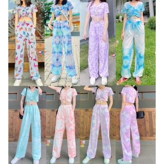 Set Bộ Áo Croptop Rút Dây Họa Tiết 3D Kèm Quần Long Pant Dài Dây Rút Cực Xinh - MM