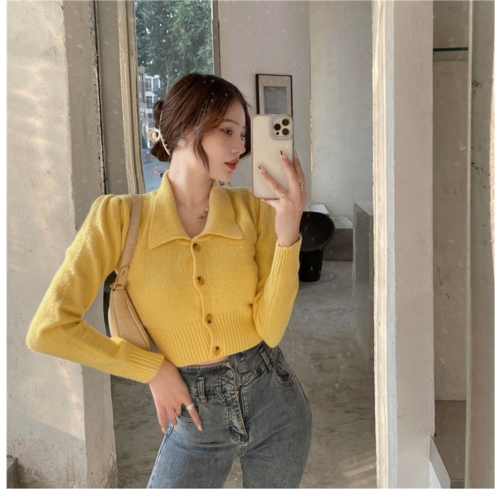 Áo cardigan ZHELIHANGFEI dệt kim tay dài cổ bẻ dáng ôm eo cao kiểu Pháp quyến rũ