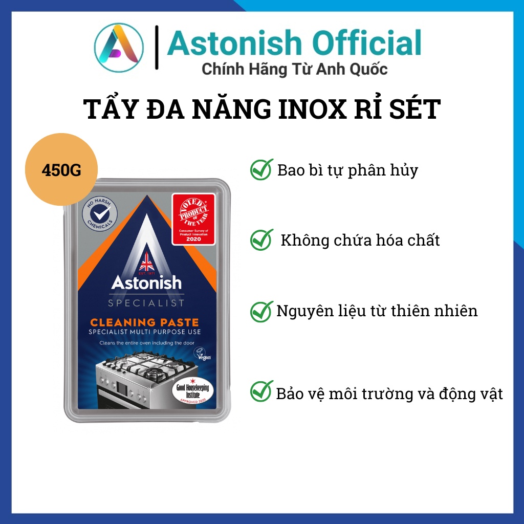 Chất tẩy đa năng ASTONISH tẩy dầu mỡ nhà bếp trên xoong nồi chảo & cặn canxi sen vòi nhà tắm 450gr