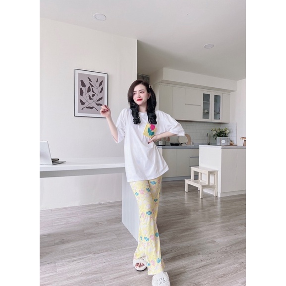 Set áo thun cotton phối túi len đủ màu quần suông gân ép xinh xắn E7