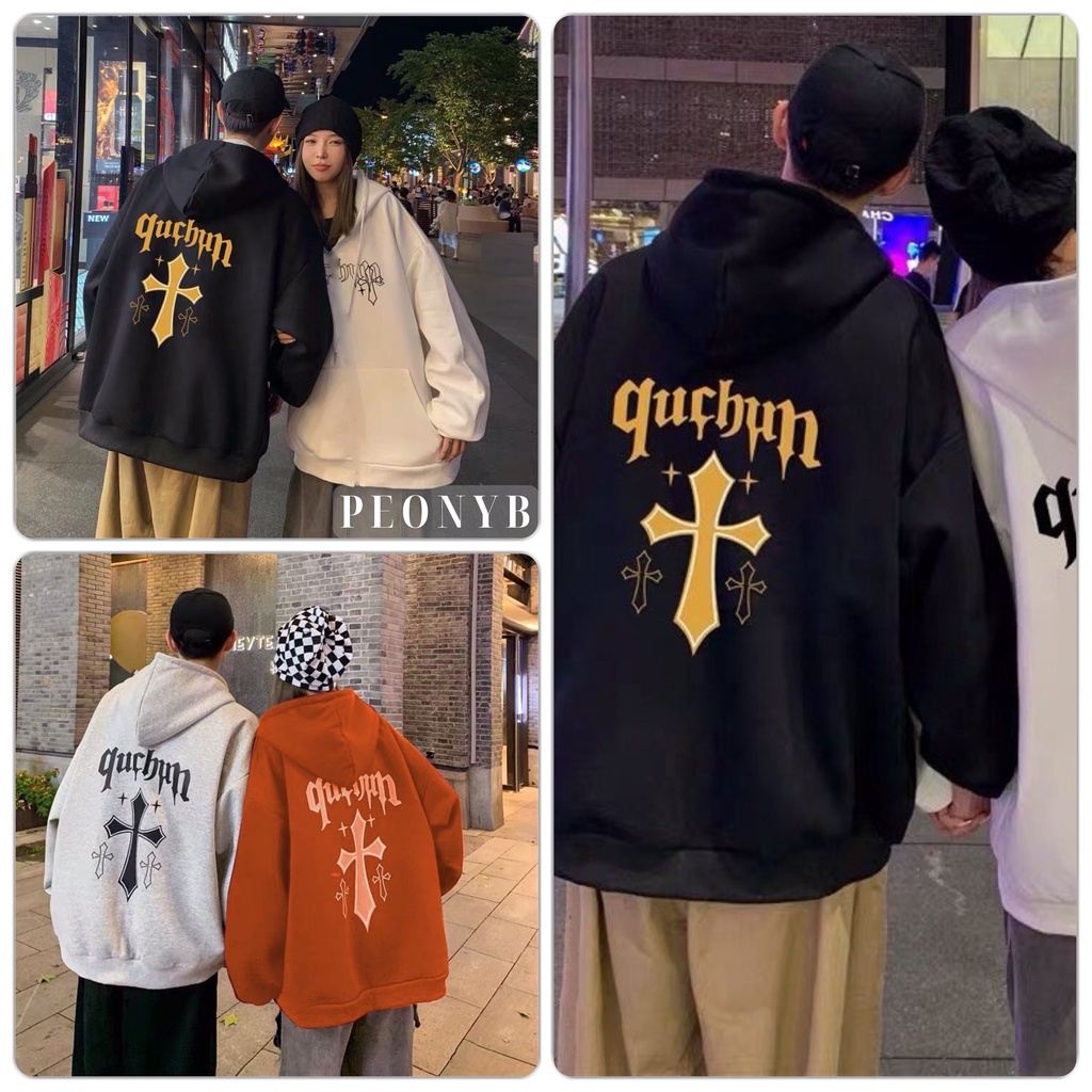 Áo hoodie chữ thập Qcbun Unisex [FREESHIP] Hoodies nỉ ngoại form rộng tay phồng kiểu dáng đường phố cá tính peonyb đẹp