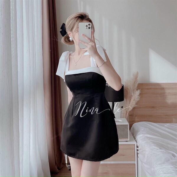 ĐẦM CHỮ A DÁNG XÒE ĐI CHƠI TIỆC SIÊU ĐẸP VỚI THIẾT KẾ 2 DÂY CỘT NƠ, TÀ XÒE CÓ MÚT, CHẤT VẢI XỐP CAO CẤP