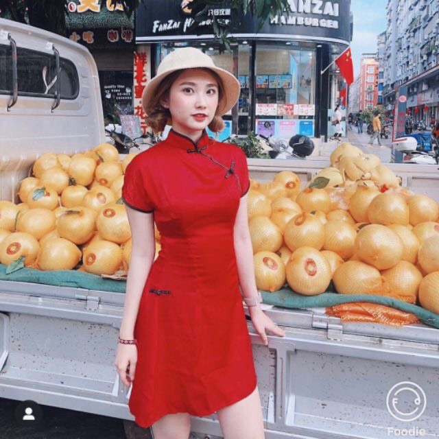 Đầm tết sườn xám cách tân đỏ trung hoa đỏ siêu hot mùa Tết form body tôn dáng chất đẹp như hình