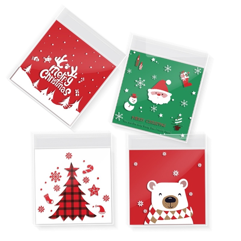 Set 100 Túi Nhựa Đựng Bánh Kẹo Tự Dính Hình Gấu Hoạt Hình Dễ Thương Trang Trí Giáng Sinh