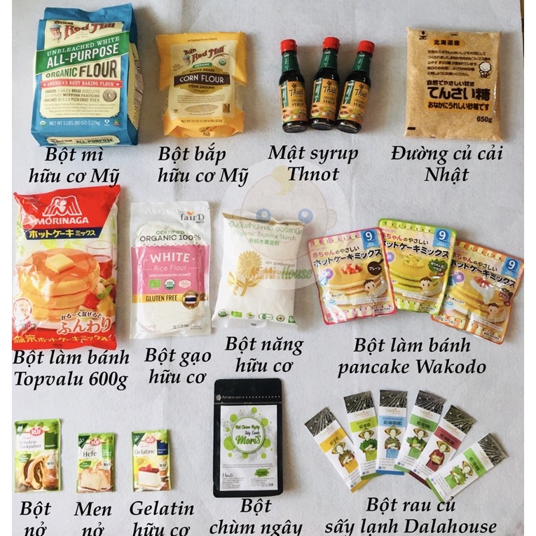 Nguyên liệu, bột làm bánh hữu cơ cho bé: bột mì, bắp, năng, gelatin, pudding,…