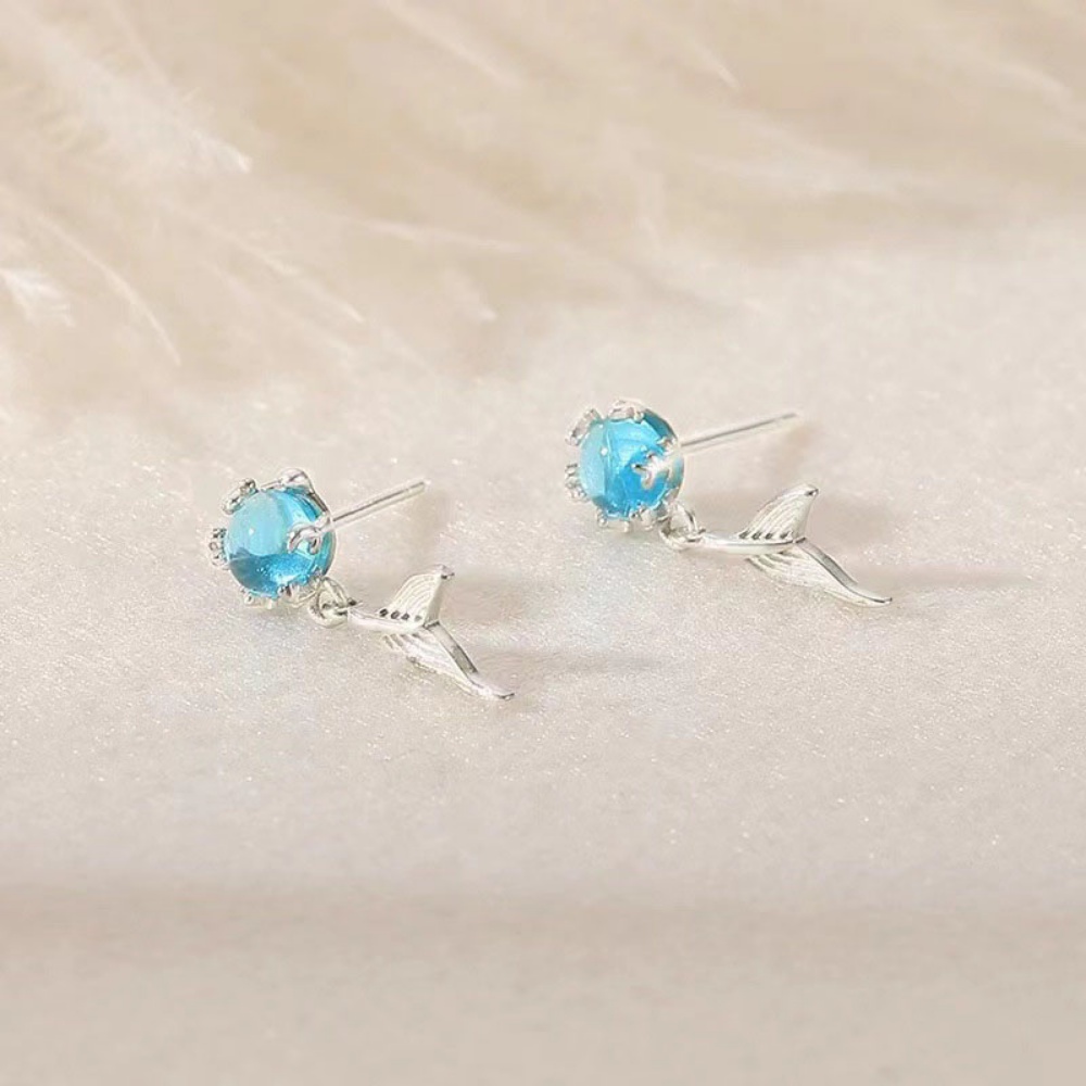 Bông Tai Mạ Bạc 925 Hình Đuôi Nàng Tiên Cá Đính Đá Zircon Xanh Dương Thanh Lịch Thời Trang Cho Nữ