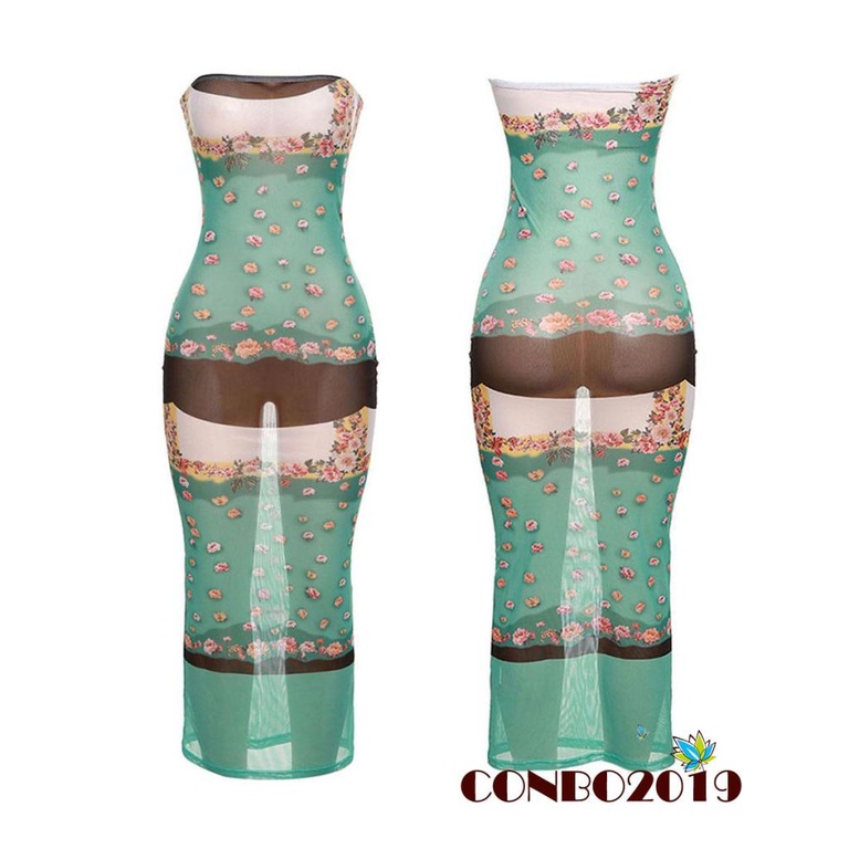 Đầm Dài Không Tay Hở Vai Họa Tiết Hoa Thời Trang Mùa Hè Cho Nữ