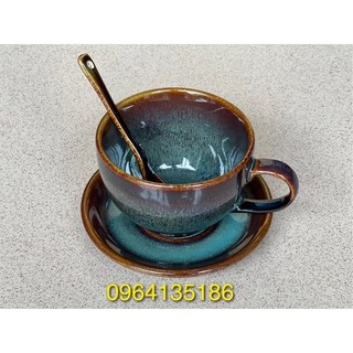 Set cốc đĩa cà phê capuchino hoả biến lam 220ml gốm sứ Bát Tràng