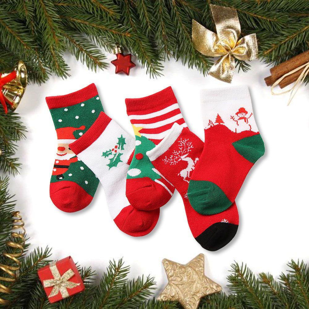 Bộ 5 Đôi Vớ Cotton Họa Tiết Người Tuyết Hoạt Hình Phong Cách Giáng Sinh