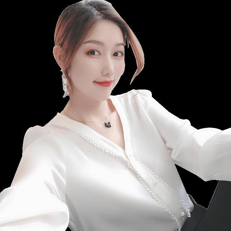 Áo Sơ Mi Chiffon Tay Dài Cổ Chữ V Phối Ren Màu Trắng Cài Nút Thời Trang Mùa Thu Hàng