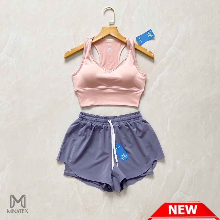 Bộ bra tập gym yoga earobic cổ tim bo xiết eo kết hợp quần đùi 2 lớp cho nữ Minatex