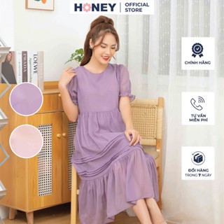 Váy, đầm bầu thiết kế công sở, đi chơi, đi tiệc kiểu dáng babydoll tay bồng, cổ tròn - Thời trang đầm bầu cao cấp HONEY